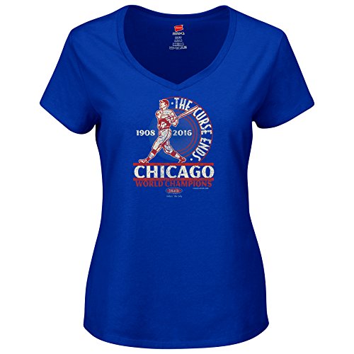 Chicago Baseball Fans. The Curse Ends Championship Ladies V-Neck T-Shirt (Sm-2X)