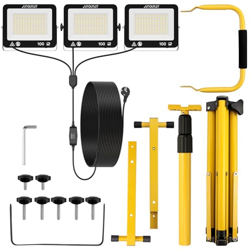 AUTOUTLET Construction Site Spotlight with Extendable Tripod, 3 x 100 W 27000 LM Rechargeable LED Headlight with 3 Colour Temperatures and 5 m Power Cable, IP66 Waterproof, for Garage Workshop and Outdoor