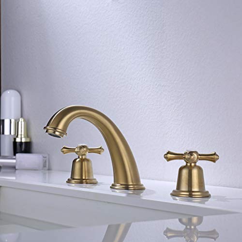 RKF Solid Brass Two Handle Widespread Bathroom Sink Faucet with METAL Pop-up Drain with overflow and CUPC Supply Hoses,CWF034-BG,Brushed Gold - Thumbnail 2