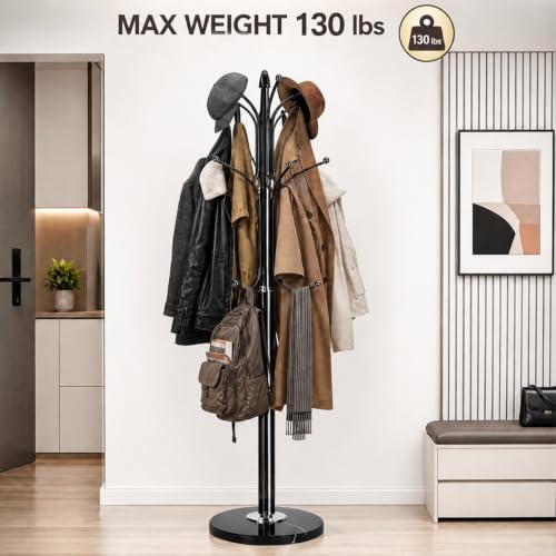 AUTOYSUR Metal Coat Rack Stand with Natural Marble Base, Tree Coat Rack Stand, Free Standing Hall Tree with 12 Hooks for Hanging Scarf, Bag, Jacket, Home Entry-way Hat Hanger Organizer (Black)