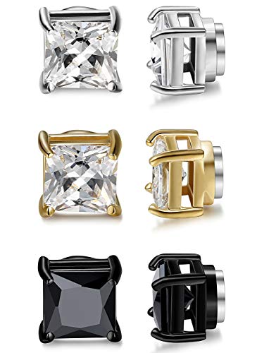 Jstyle 3 Pairs Stainless Steel Mens Womens Magnetic Stud Earrings Non-piercing CZ 5-8mm