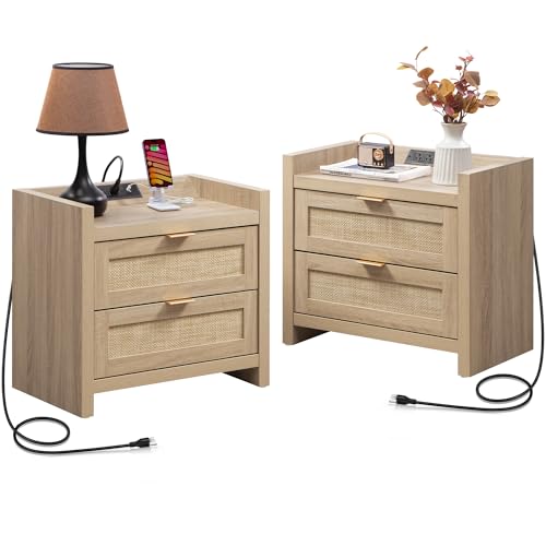 SICOTAS Rattan Nightstands Set of 2 Bedside Table - Bedroom Night Stand with Type-C Charging Station, 2 Drawers Storage - Boho Night Stands End Table for Bedroom Office - Light Oak