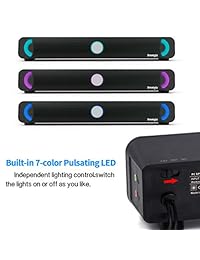 Altavoz de ordenador, Smalody PC con cable de sonido de ordenador Bar,7 Color Pulsación LED parpadeo estéreo USB Powered Mini Soundbar para PC teléfono celular Tabletas de escritorio portátil negro