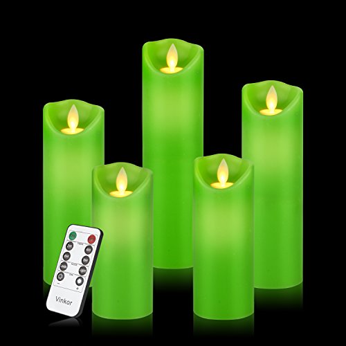 Vinkor Flameless Candles Flickering Battery Operated Candles 4" 5" 6" 7" 8" Set of 5 Classic Real Wax Pillar With Moving LED Flame & 10-key Remote Control 2/4/6/8 Hours Timer 400+ Hours(Green)