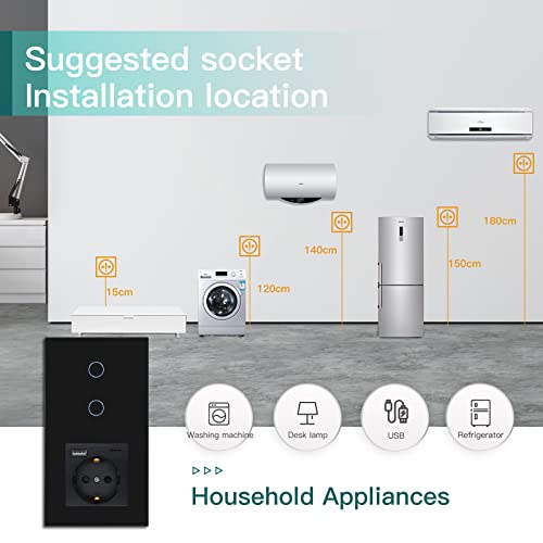 BSEED WiFi Smart Switch, Touch Switches with Glass, Compatible with Alexa, Tuya and Smart Life, Neutral Cable Required, 2 Gang 1 Way + 1 USB/Type C Plug, 157 mm Black