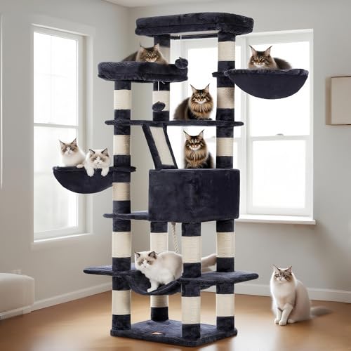 Heybly Cat Tree for Large Cats,68 inch Multi-Level Cat Tower for Indoor Cats,2 Widened Plush Perches Cat Condo with Scracthing Board and Big Caves,Smoky Gray HCT025G