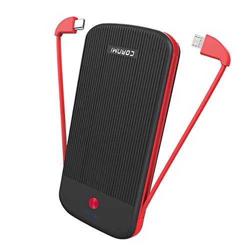 CORNMI 10000mAh Power Bank, External Battery Charger Pack Ultra Slim USB C Portable Charger with Built-in Micro USB Cable Compatible for iPhone, Samsung, Huawei, iPad and More - Black