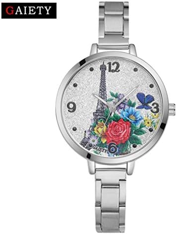 Hunputa Womens Girls Floral Printed Stainless Steel Band Analog Quartz Round Wrist Watches Gift (Silver)