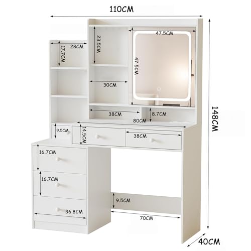 Tocador- Vanity con Espejo Luz LED Mueble para Maquillaje, Tocador de Maquillaje con Estación de Carga Escritorio, Estantes Ocultos, con 6 Cajones y Estantes de Almacenaje para Recamara (Blanco)