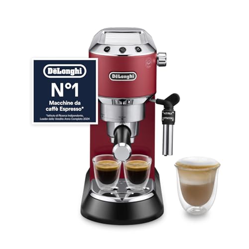 Dedica EC685.R Macchina Caffè Espresso Manuale, Caffè Polvere o Cialde E.S.E., Montalatte classico per Cappuccini, Spegnimento Automatico, Serbatoio 1L, Filtro Singolo/Doppio, Rosso