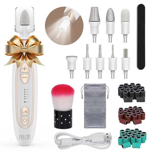PELCAS Electric Nail Sander 45000RPM, Cordless Nail File with 5 Speed, LED Light, Manicure Pedicure Kit for Thickened, Gel, Acrylic and Natural Nails