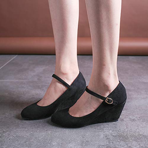 Fashion Respctful✿ Women's Mary Jane Closed Round Toe Buckled Strap Ankle Strappy Wedge Pump Black