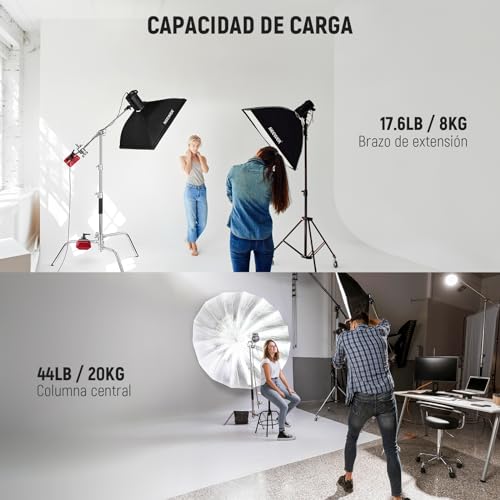 NEEWER Pro 100% Acero Inoxidable Resistente Soporte C con Brazo de Pluma, Altura Máx 68"/172cm Soporte de Luz Fotografía con Brazo 2.7ft/83cm, 2 Cabezales para Monoluz, Softbox, Reflector, SC172