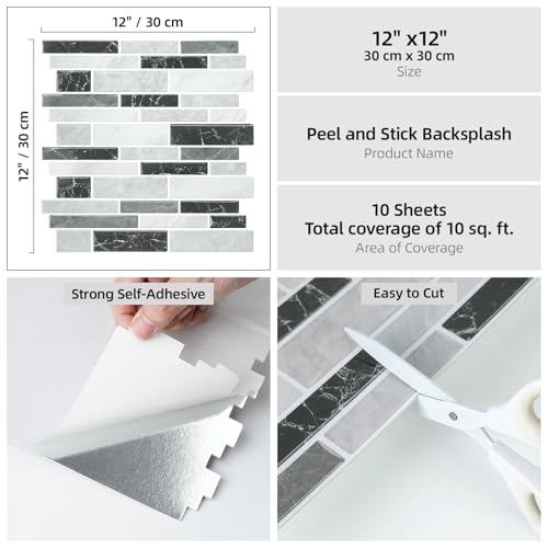 Vieshful 10 Pieces Adhesive Kitchen Tiles 30 x 30 cm, Self-Adhesive PVC Marble Effect Tiles, Kitchen and Bathroom Splash Protector, Wall Cladding Without Works Marble Black-Grey