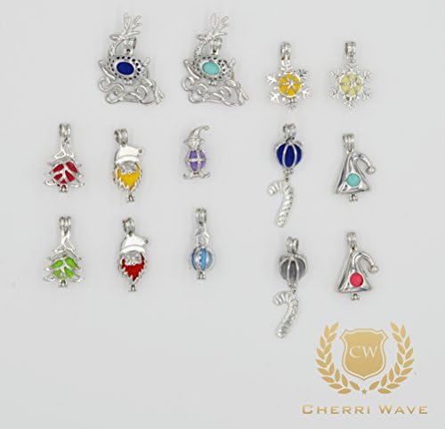 Cherri Wave 14 PCS Christmas Edition Silver Plated Pearl Bead Cage Pendants for Jewelry Making/Essential Oil Scent Diffuser Cage Locket Pendant Charm Christmas Gift