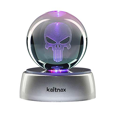 Kaitnax 3D Laser Etched Crystal Ball(50mm) Puzzle with LED Base (Punisher Skull)