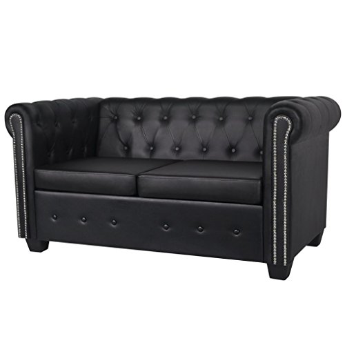 Divano-Chesterfield-in-EcopellePelle-Artificiale-Nero-a-2-Posti-da-Soggiorno-da-Ufficio-da-Salotto