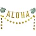 Gold Glittery ALOHA Green Leaves Garland and Gold Glittery Circle Dots Garland(25pcs Circle Dots),Hawaiian Tropical Luau Beach Summer Party Decoration Supplies
