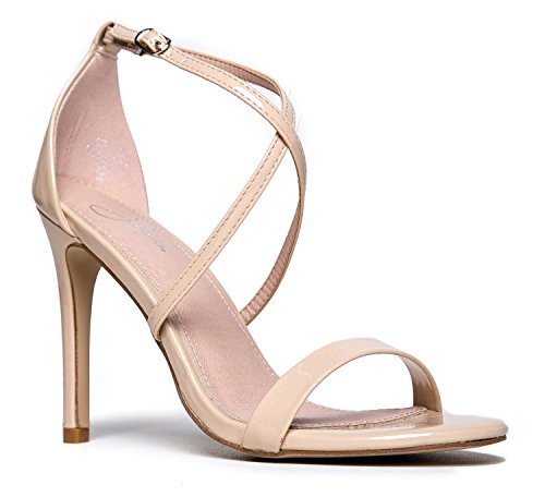 Strappy high heel sandal, nude patent, 5.5 b(m) us