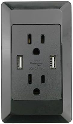 YOPI 2A High Speed Dual USB Phone Pad Charger with 15A Screwless Wall Plates 2 Outlets Band Panel Faceplate Black ETL Listed