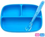 Silikong Suction Plate for Toddlers + Silicone Spoon | BPA Free, FDA Approved | Microwave, Dishwasher and Oven Safe | Stay Put Divided Baby Feeding Bowls and Dishes for Kids and Infants (Blue)