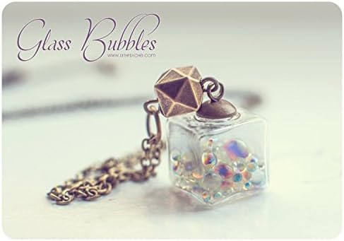 Glass cube necklace, bubbles necklace, glass bottle necklace, glass necklace, bottle pendant, glass square necklace, necklace for girl