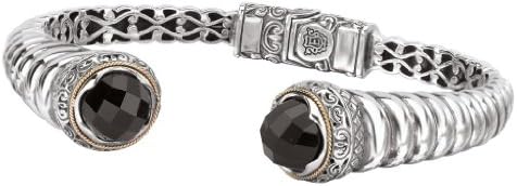 925 Silver &amp; Round Faceted Onyx Twist Cuff Bracelet with 18k Gold Accents