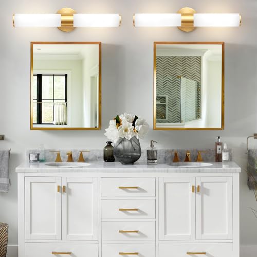 Vaziden Lámparas de baño doradas, luces de tocador para espejo con pantalla de vidrio lechoso, apliques de pared de 50.8 cm arriba y abajo para baño, dormitorio, sala de estar, pasillo - Bombilla no