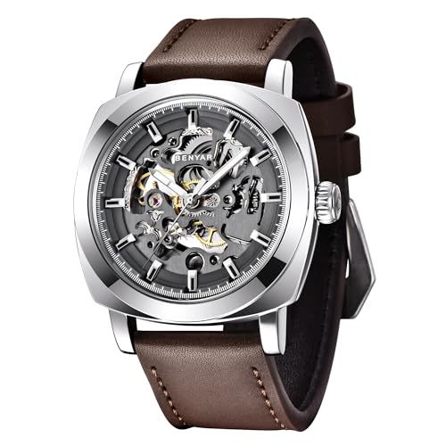 BENYAR - Men's Automatic Mechanical Watch - Leather Strap - Gold Movement - 45mm Skeleton Dial - Water Resistant and Scratch Resistant - Stylish Gift for Men