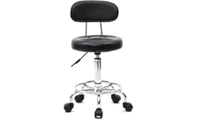 Volowoo Semi-PU Leather Nylon Stool,Multi-Purpose Adjustable Spa Bar Stool on Wheel for Work, Office, Desk, Salon, Drafting (Round Shape,with Back and Line, Black)