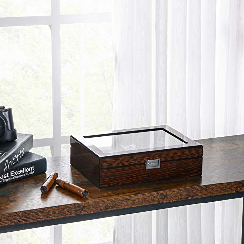 BEWISHOME Watch Box -10 Slot Wooden Watch Cases for Men Watch Storage with Real Glass Top, Mens Watch Organizer Holder with Removable Pillows, Smooth PU Leather Interior, Brown SSH10Y