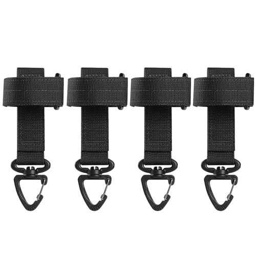 Azarxis Tactical MOLLE Key Ring Gear Clip 4 Pack Keychain Keeper Belt Hanging 360 Degrees Rotate Hook Holder with MOLLE Webbing for Backpack Bag Belt Camping Hiking Outdoor Activitie (Black with Loop)