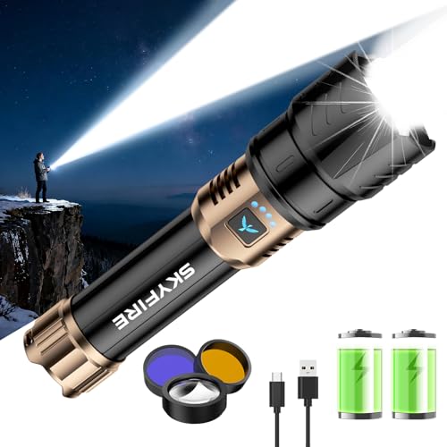 SKYFIRE Linternas LED Alta Potencia Recargable, Linterna Potente 900000 Lumen con Lente de Encendido & 3 Filtros, 10000mAh Zoomable USB-C 4 Modos IPX6 Impermeable, para Camping Montaña Regalo
