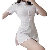 SENJIY sexy nurse outfit for women lingerie costume Uniform naughty Seductive Roleplay Cosplay Babydoll Zipper Perfect for Halloween Party Dress hat Headpiece Bodysuit Set with Headband White