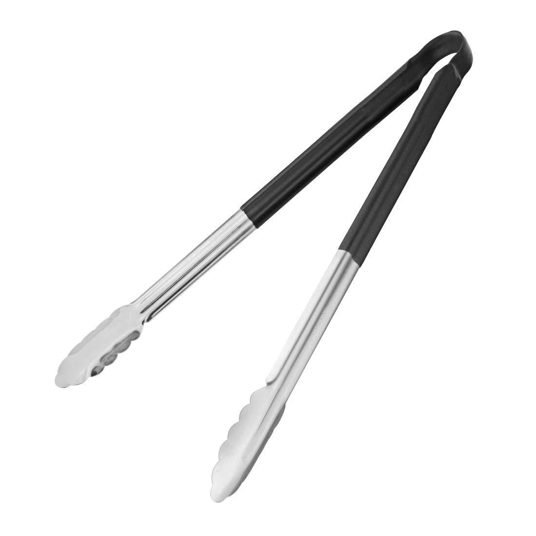 Hygiplas Stainless Steel Black Serving Tong 405mm - Colour Coded, Non-Slip Grip, Long Handle HC848