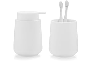 YAUKPH Matte White Bathroom Accessories 2 Piece Set Plastic Soap Dispenser and Toothbrush Holder for Modern Bathroom Decor
