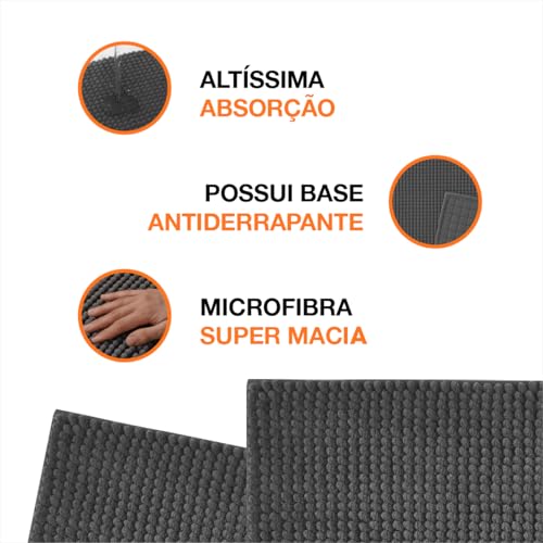 Kit 2 Tapetes Banheiro Microfibra Antiderrapante Absorvente 58 x 38 cm Cinza