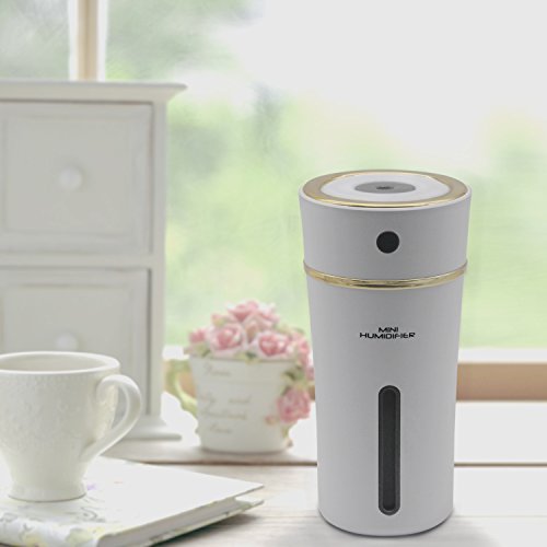 Rechargeable Cool Mist Humidifier White - Azmall 300ml Car Humidifier Portable Cup Humidifier for Car Home Office Baby Living Room Office Yoga with Automatic Shut off, Night Light Function