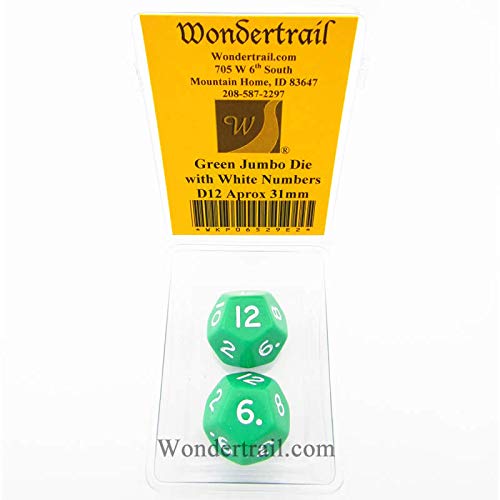Green Jumbo Dice with White Numbers D12 31mm (1.25in) Pack of 2 Wondertrail
