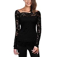 DJT Off The Shoulder Tops, Womens Floral Lace Long Sleeve Top Medium Black