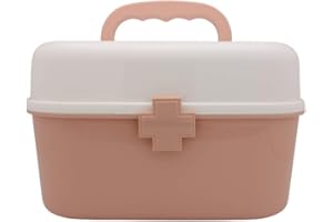 BangQiao Plastic First Aid Storage Box Container Bin with Removable Tray and Portable Handle, Family Emergency Medicine Kit Case Organizer, White&Pink