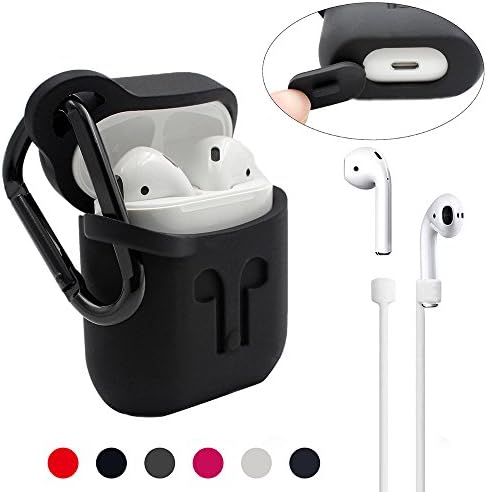 AirPods Case [AirPods Charging Case] [360 Degree Full Coverage Protective Silicone] With [Earphone Sports Anti-lost Strap] AND [Keychain] The Best Accessories for Apple AirPods Case (Black)