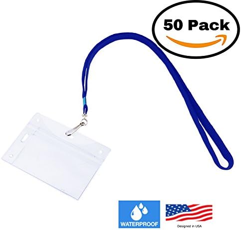 50 VERTICAL &amp; HORIZONTAL Name Tag Holders with Lanyards I Sealable Waterproof Name Badge Holders with Blue Hook Lanyards (50 SETS)