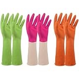 Rubber Household Cleaning Latex Gloves – Set of 3, PEGZOS Reusable Kitchen Natural Rubber Living Wash Gloves, with 3 Colors (Green/Orange/Pink) / 3 Sizes (S/M/L) (M-7.5)