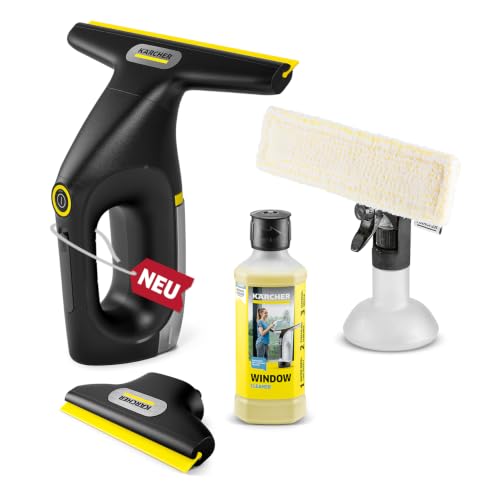 Kärcher WV 2 Universal Precision+ Black Cordless Window Vacuum Cleaner, Battery Life: 35 min, Dirty Water Tank: 120 ml, 2 Suction Nozzles, Spray Bottle with Microfibre Mop Cover, 20 ml Window Cleaner