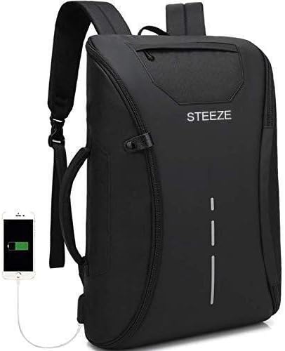 STEEZE® Faux Leather Casual Laptop Backpack Bag with USB Charging Port for Unisex (15.6” Carbon Black)