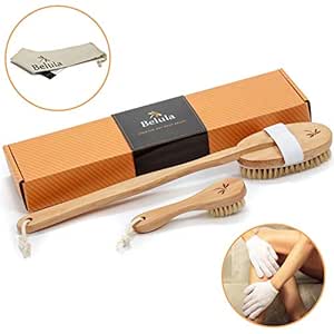 Premium Dry Brushing Body Brush Set- Natural Boar Bristle Body Brush, Exfoliating Face Brush &amp; One Pair Bath &amp; Shower Gloves. Free Bag &amp; How To – Great Gift For A Glowing Skin &amp; Healthy Body