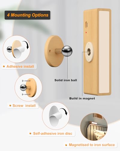 DetarZinLED Wall Lamp with USB Charging Battery, Rechargeable Bedside Lamp, Adhesive Interior Wall Lamps for Bedroom without Cable (Beech Wood, 2 Pcs)