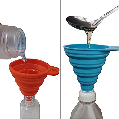 Silicone Collapsible Funnel Set of 4, 2 Small and 2 Large, Foldable Kitchen Funnel for Water Bottle Liquid Powder Transfer, Food Grade BPA free, Dishwasher Safe