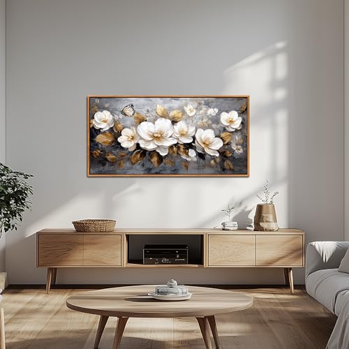 hyidecorart Modern Bedroom Decoration Pictures with Wooden Frame, 60 x 120 cm XXL Large Decorative Canvases Wall Living Room, Pictures Wall Decoration Golden Flowers, Wall Art Dining Room Bathroom Hallway